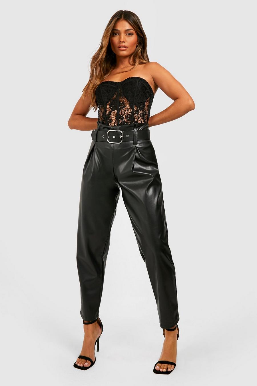 Black Faux Leather Belted High Waisted Pants image number 1