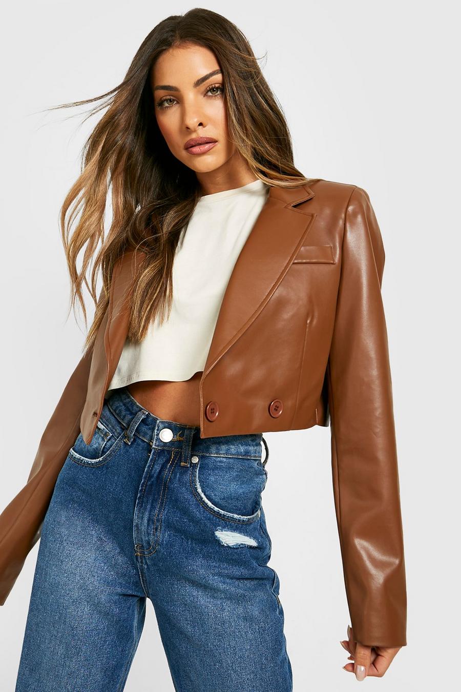 Chocolate Mix & Match Leather Look Crop Blazer image number 1
