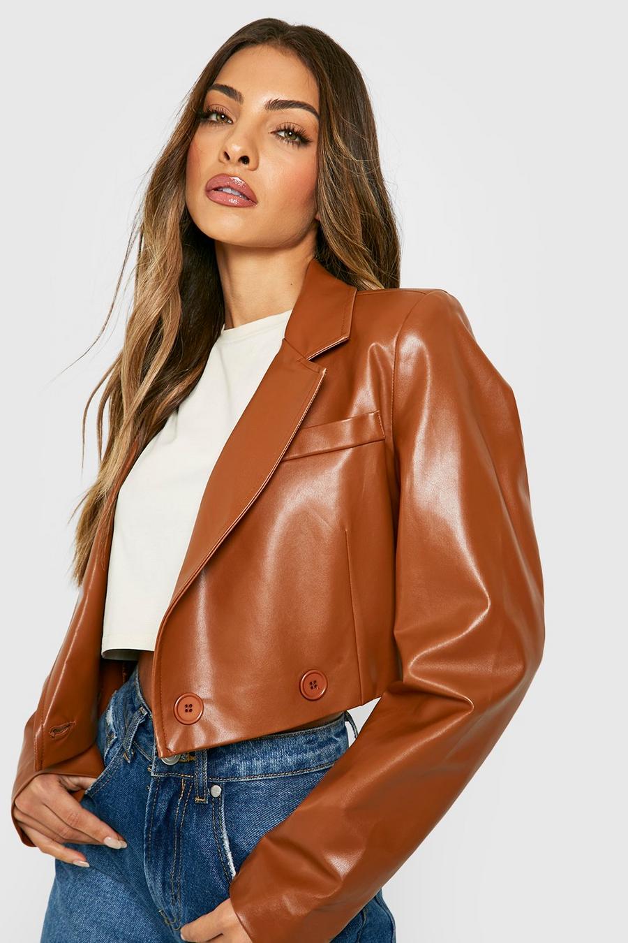Tan Mix & Match Faux Leather Crop Blazer image number 1