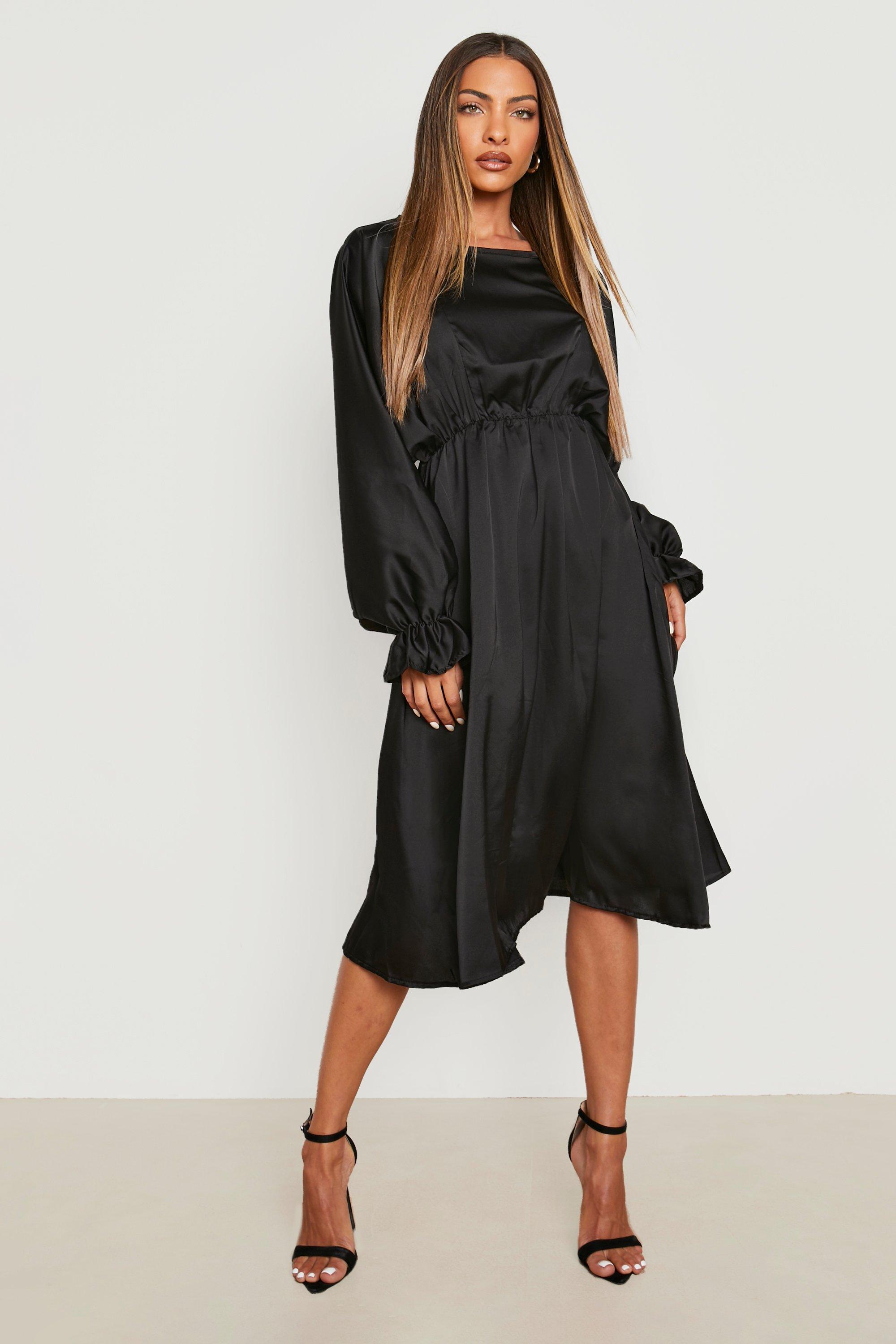 Midi dress with batwing sleeve outlet and wrap waist in satin