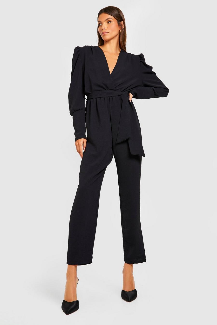 Black Woven Puff Sleeve Belted Jumpsuit image number 1
