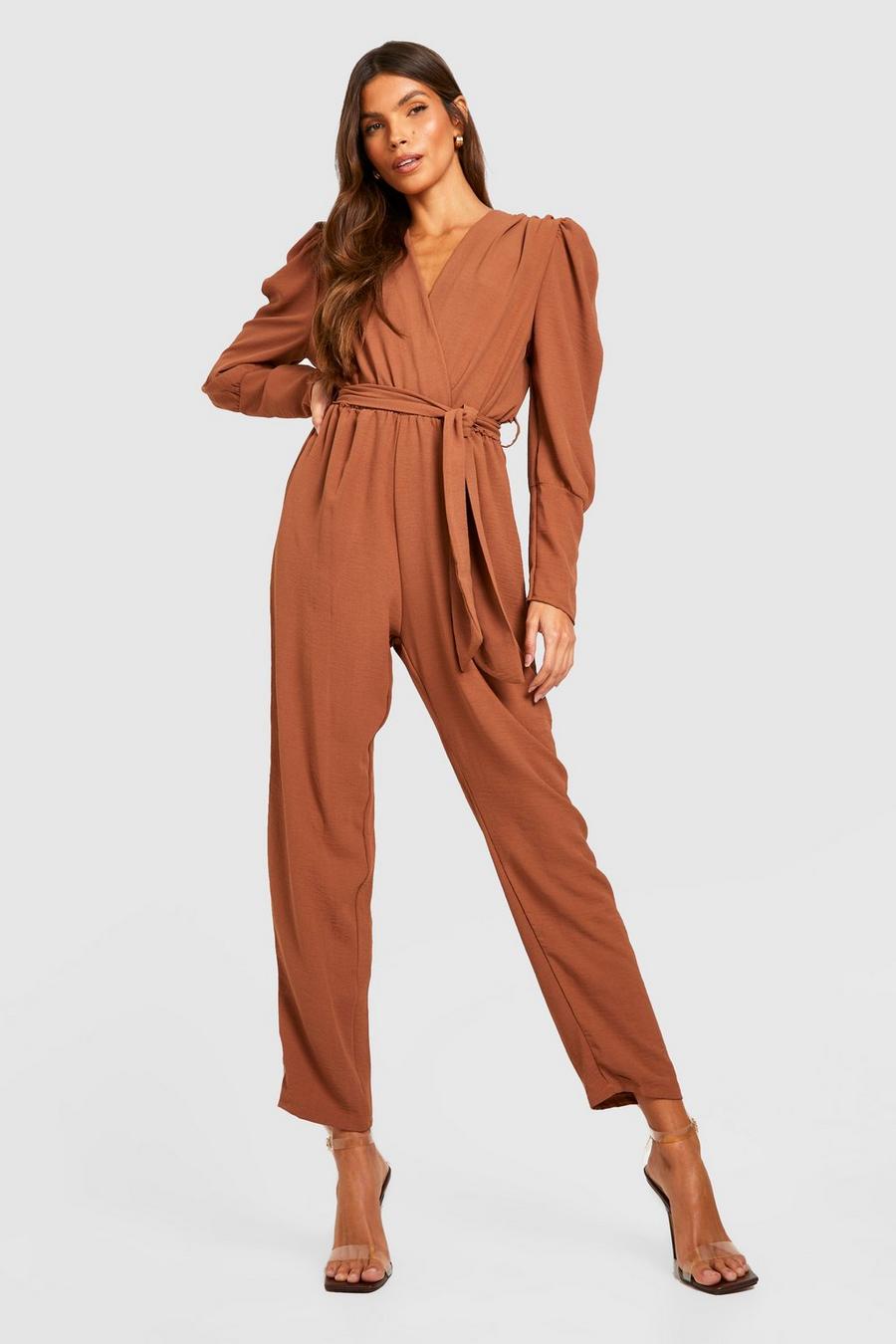 Chocolate Woven Puff Sleeve Belted Jumpsuit image number 1