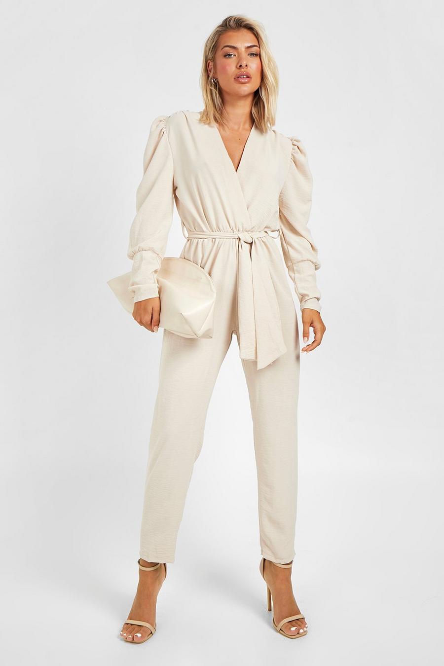 Stone Woven Puff Sleeve Belted Jumpsuit image number 1