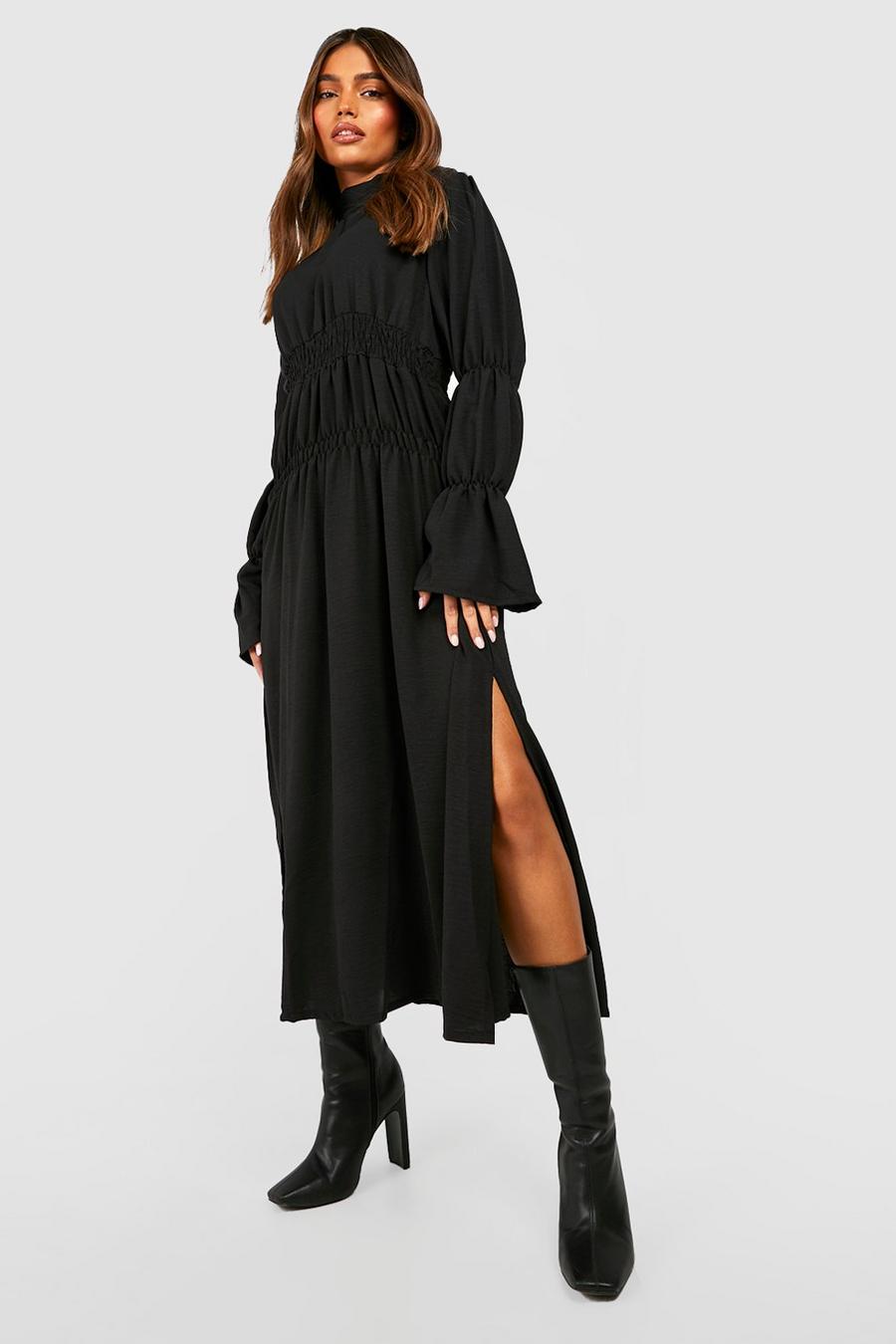 Black Woven High Neck Midi Dress image number 1