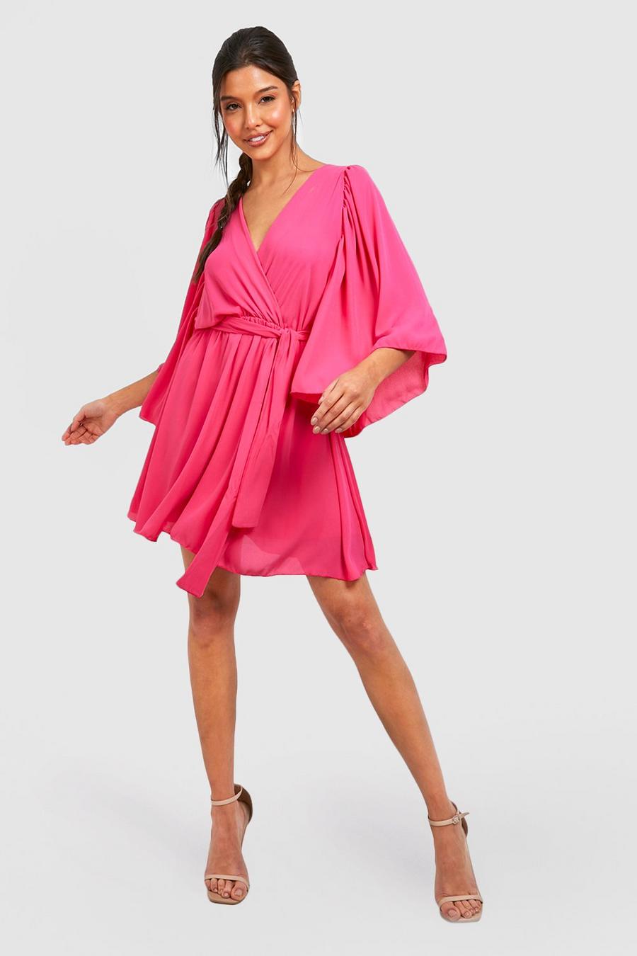 Hot pink Chiffon Batwing Belted Dress image number 1