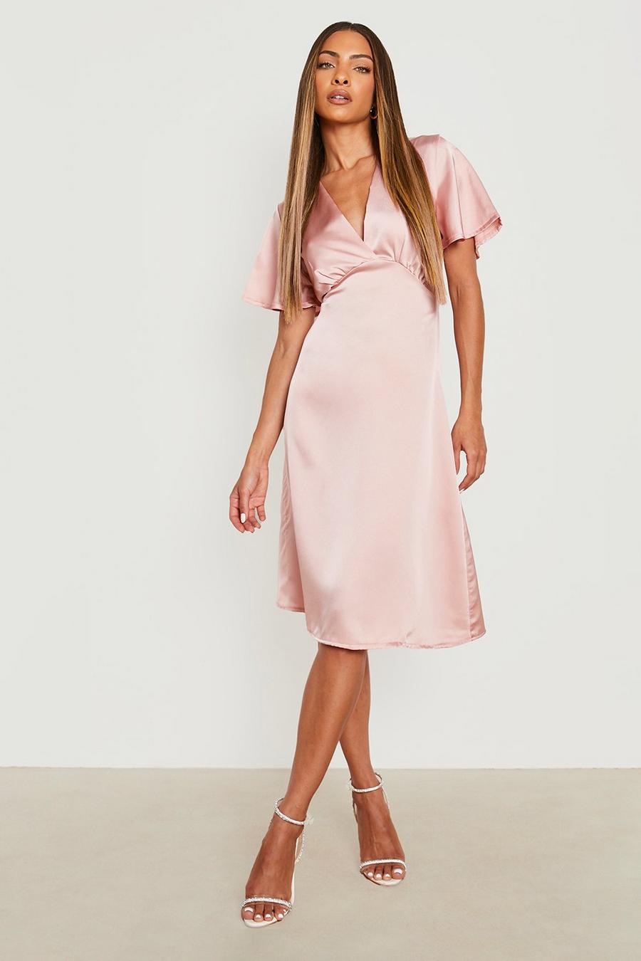 Rose pink Angel Sleeve Satin Midi Dress image number 1