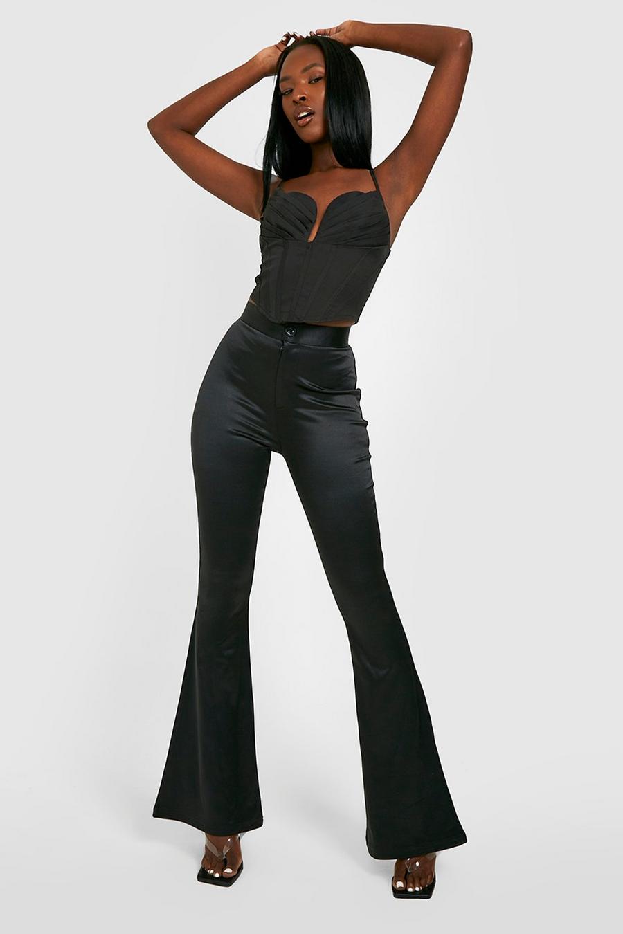 Pantaloni a zampa modellanti a vita alta stile Disco, Black image number 1