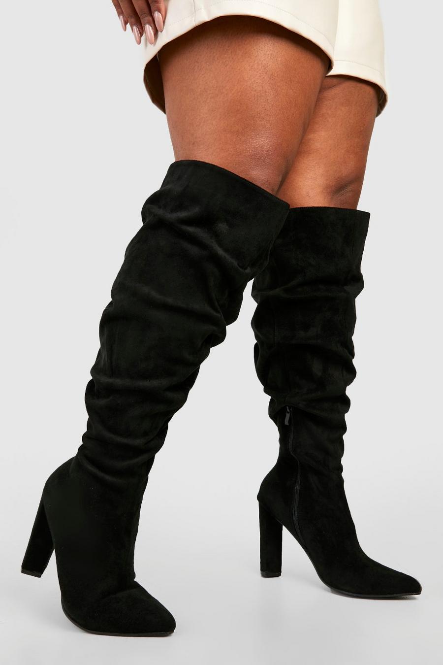 Black Wide Calf Ruched Knee High Boots