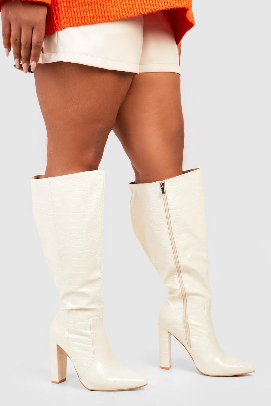 Ecru white Wide Calf Knee High Boots