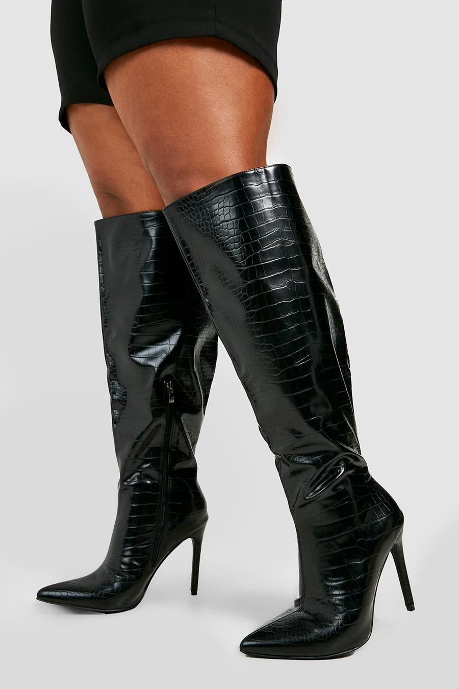 Black Wide Calf Knee High Stiletto Boots image number 1