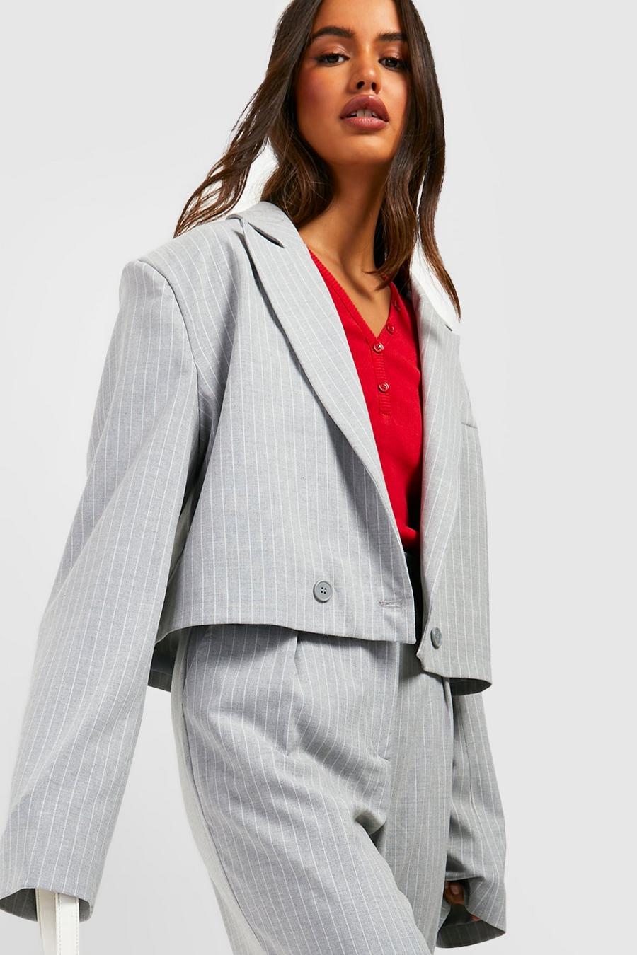 Grey gris Pinstripe Cropped Tailored Blazer