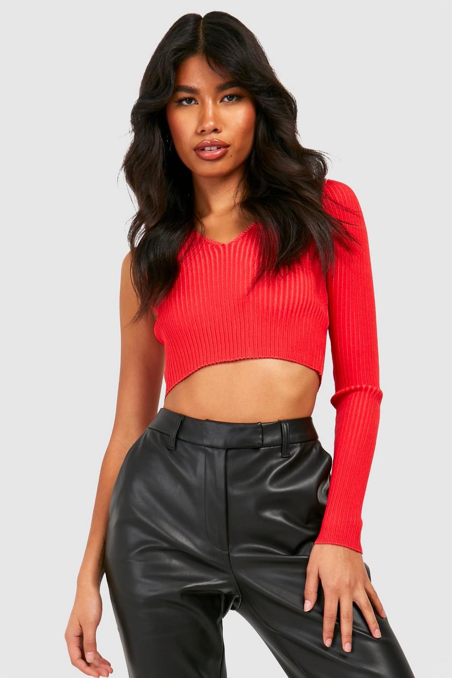 Red Two Tone One Shoulder Rib Knit Top 