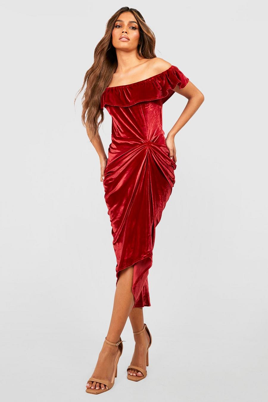 Red Drape Sleeve Velvet Ruched Dress