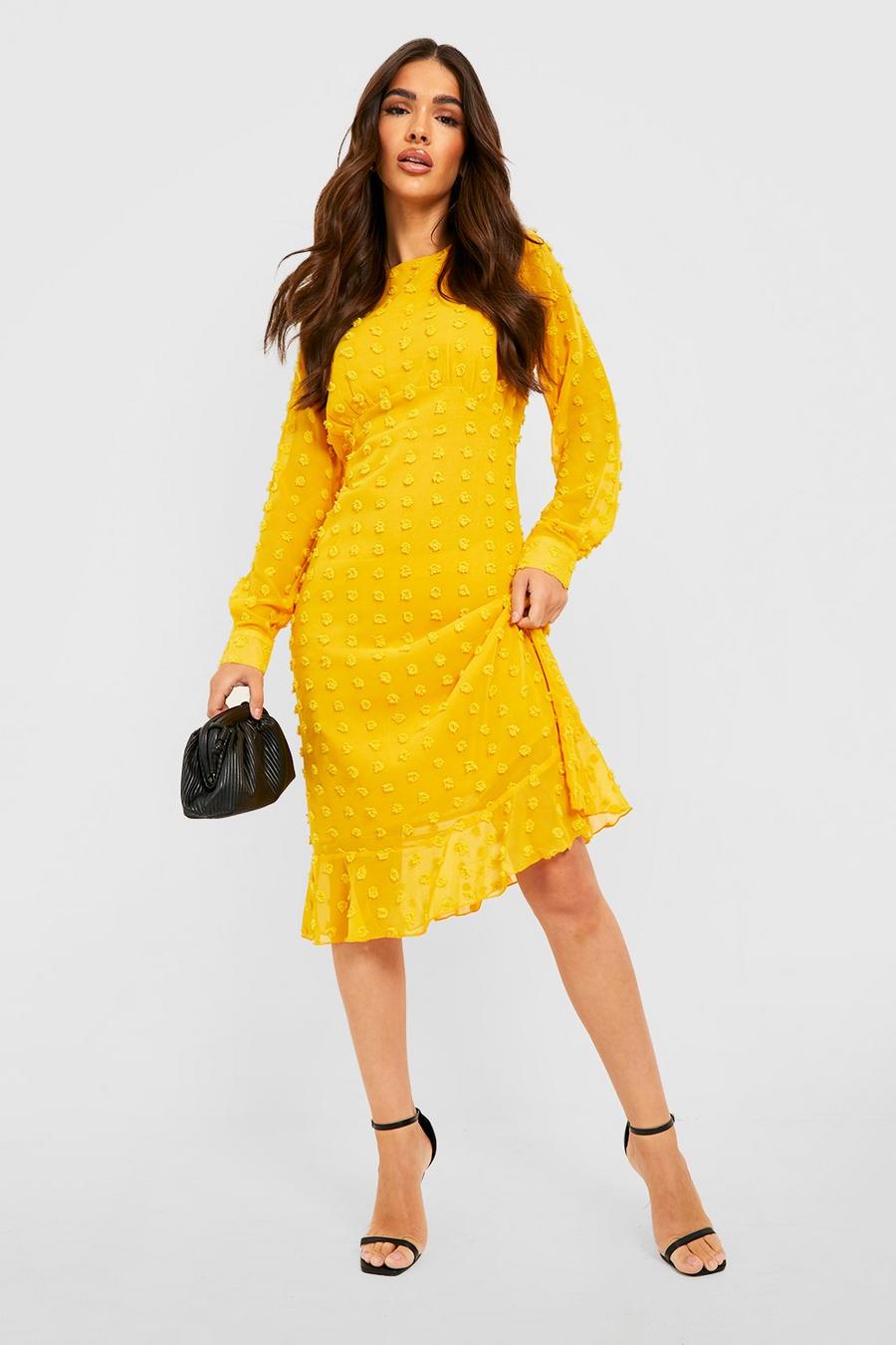 Mustard yellow Textured Spot Frill Hem Midi Dress