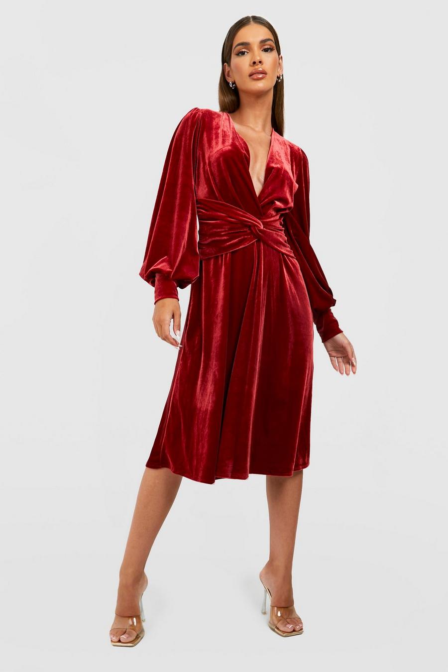 Red Puff Sleeve Velvet Midi Dress image number 1