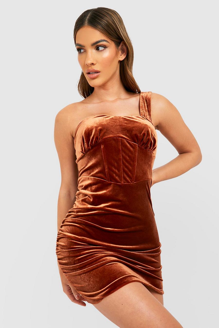 Brown Velvet Corset Detail Ruched Mini Dress image number 1