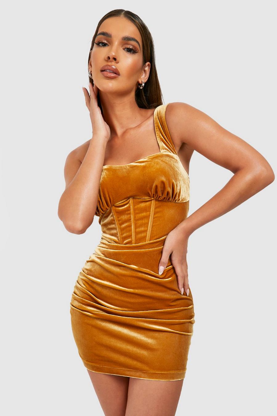 Gold Velvet Corset Detail Ruched Mini Dress image number 1