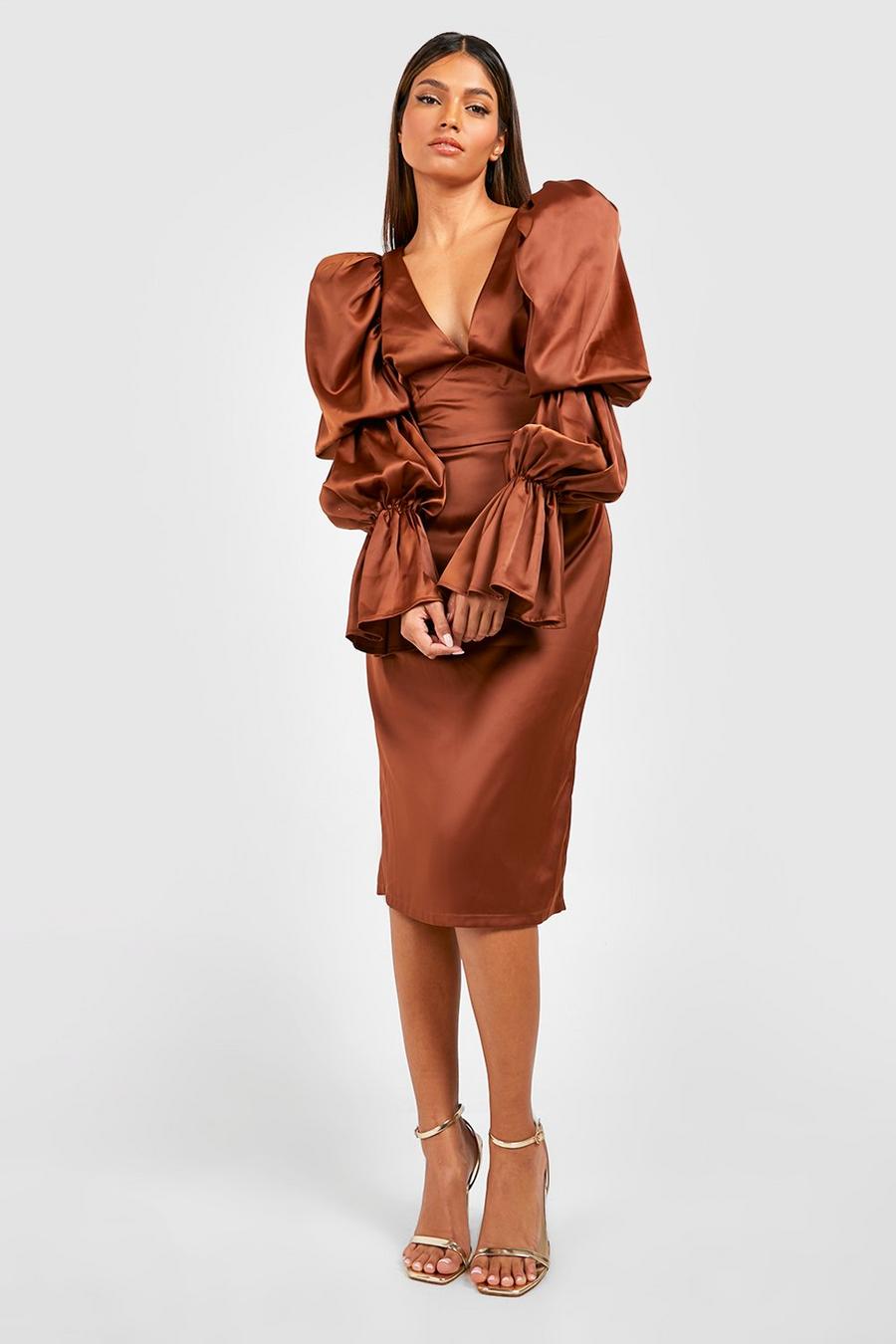 Chocolate Satin Extreme Puff Sleeve Midi Dress image number 1