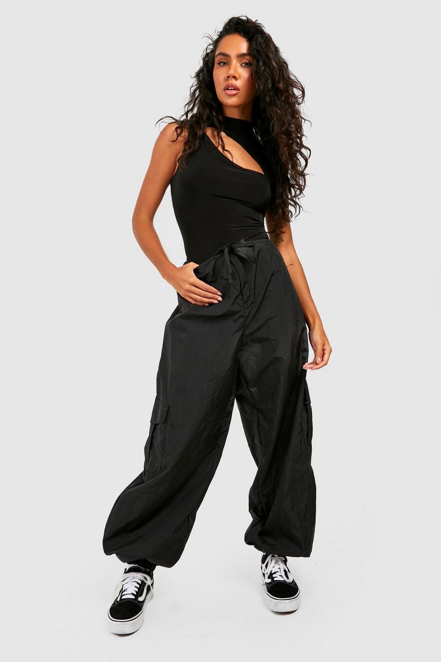 Black Elasticated Cuff Parachute Track Pants image number 1