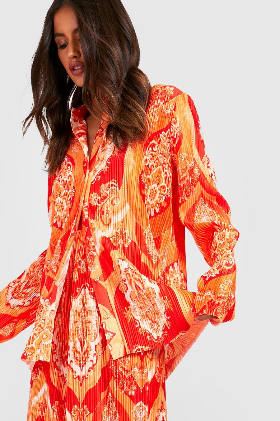 Orange Paisley Print Plisse Relaxed Fit Shirt  image number 1
