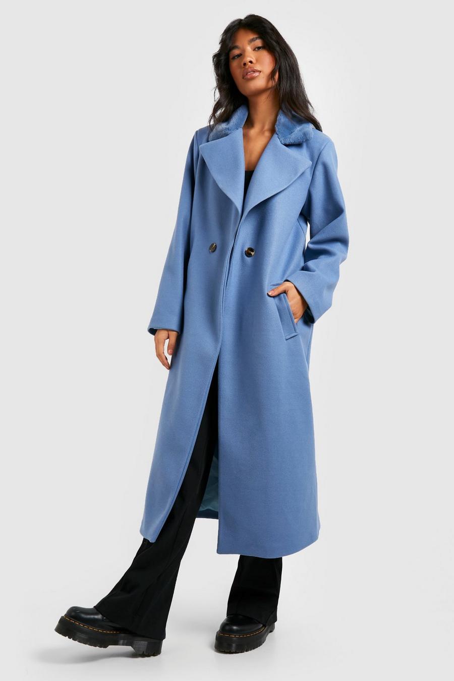 Blue Faux Collar Wool Look Coat image number 1