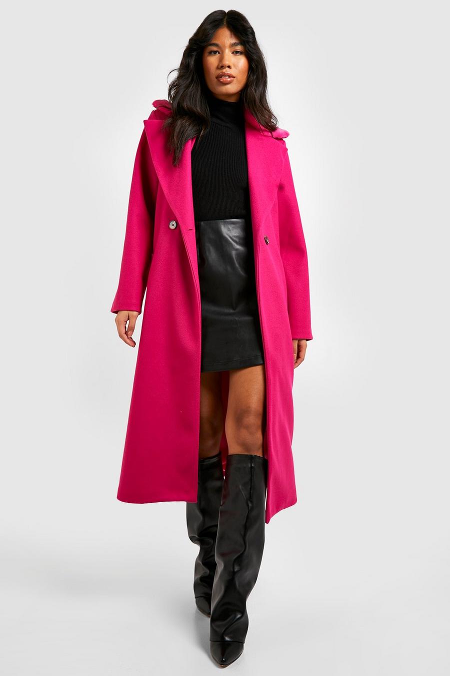 Hot pink Faux Collar Wool Look Coat image number 1