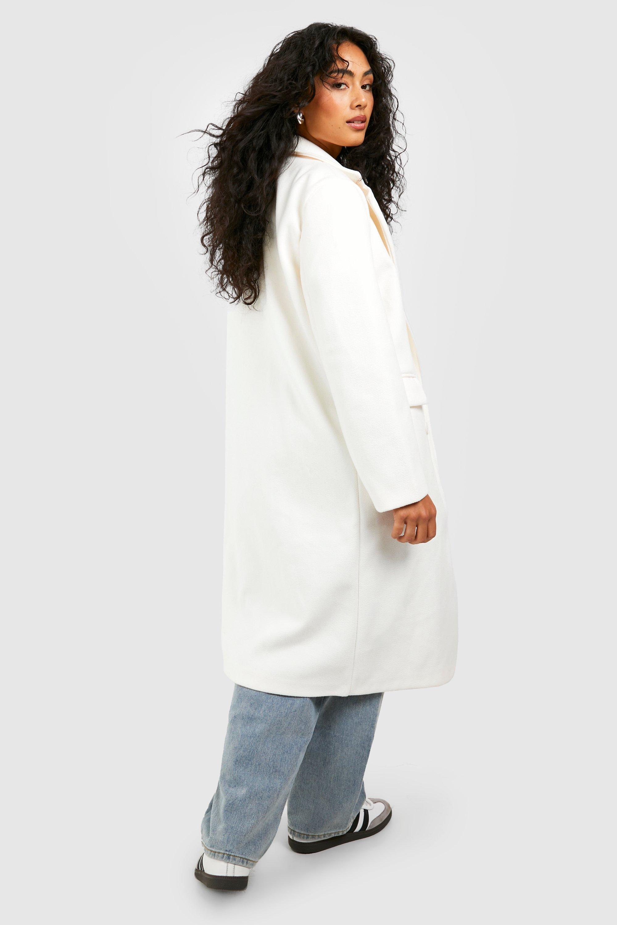 Women Off-white Wool Long Trench Coat Double Breasted Tailored 