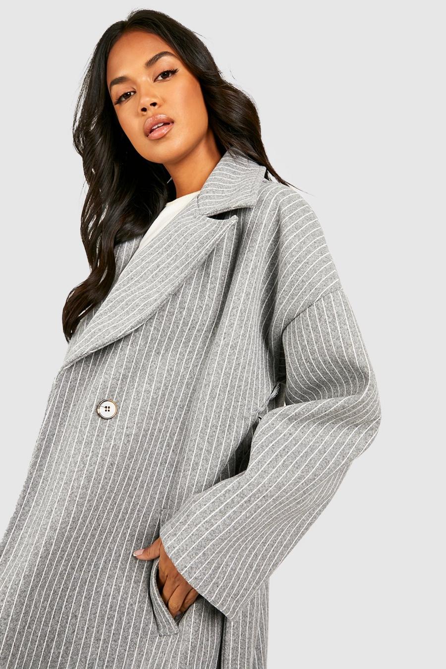 Grey Super Oversized Belted Pinstripe Wool Coat image number 1