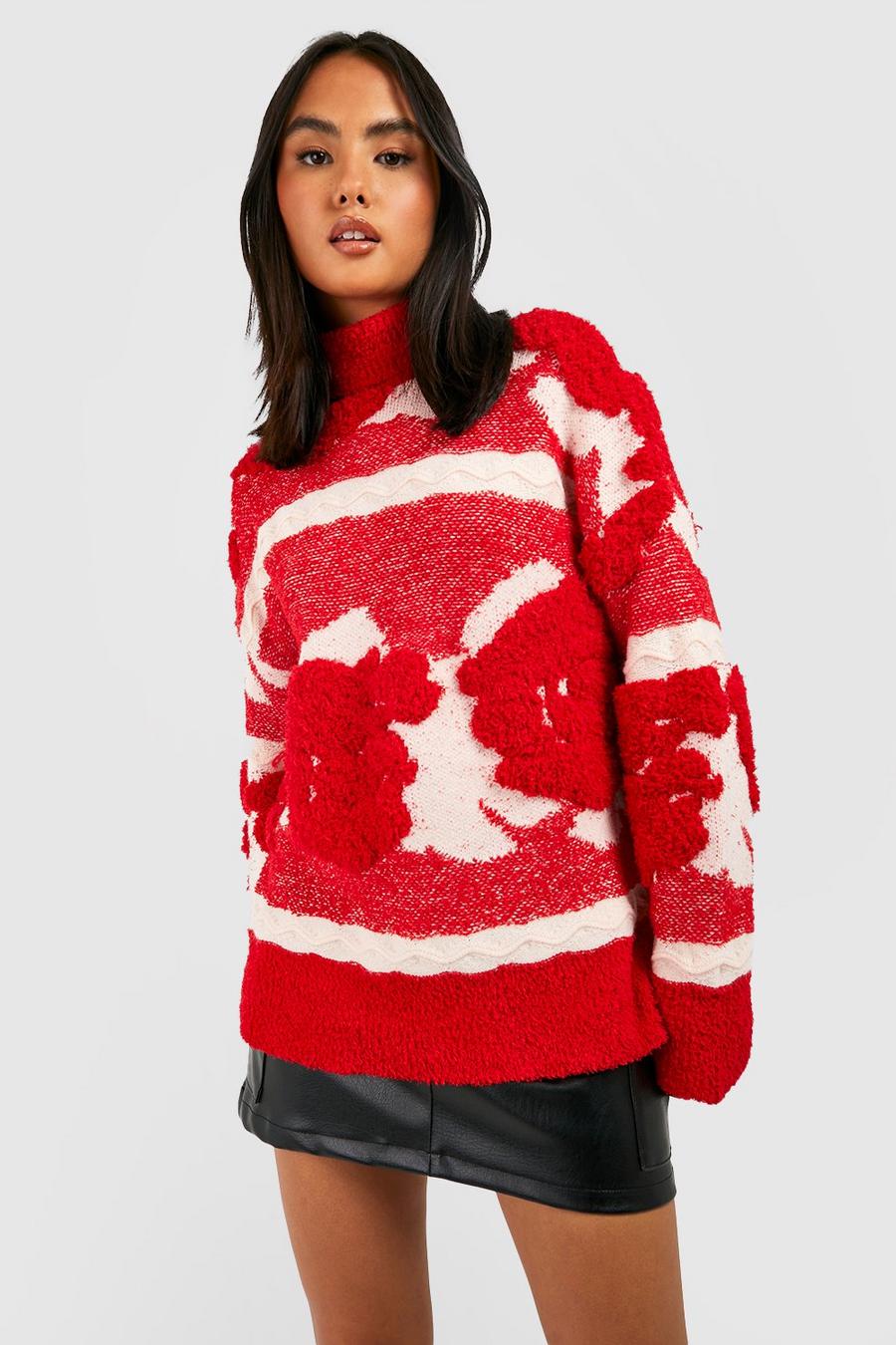 Red Jacquard Knitted Turtleneck Sweater image number 1