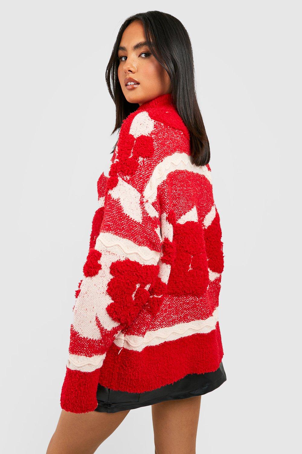 Jacquard-knit Sweater - Red/white - Ladies