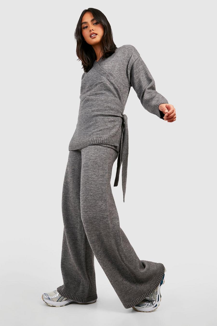 Grey Knitted Wrap Jumper & Flared Trouser Co-ord image number 1