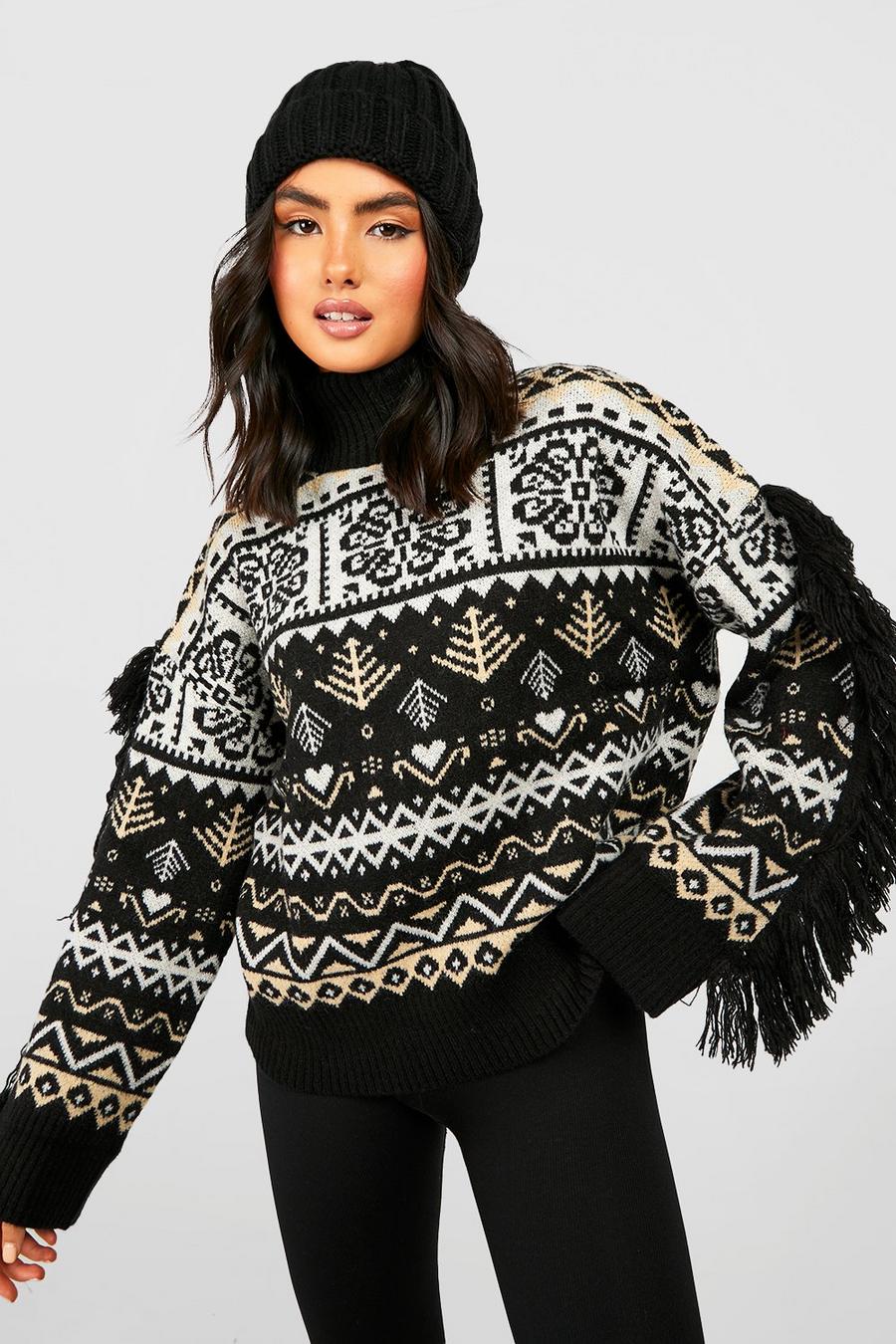 Pullover in maglia con motivi Fairisle e frange, Black image number 1