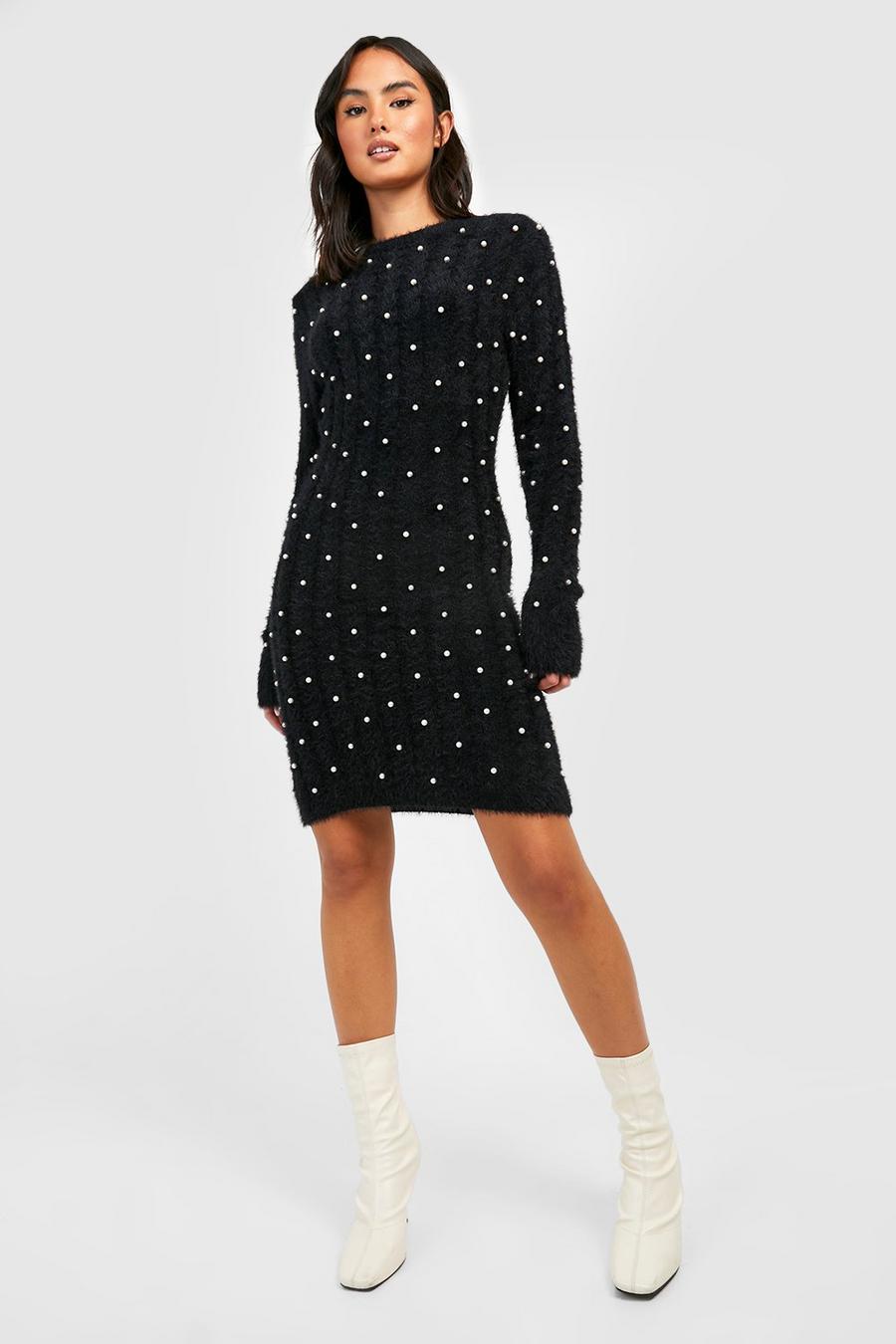 Black Embellished Knitted Jumper Dress image number 1