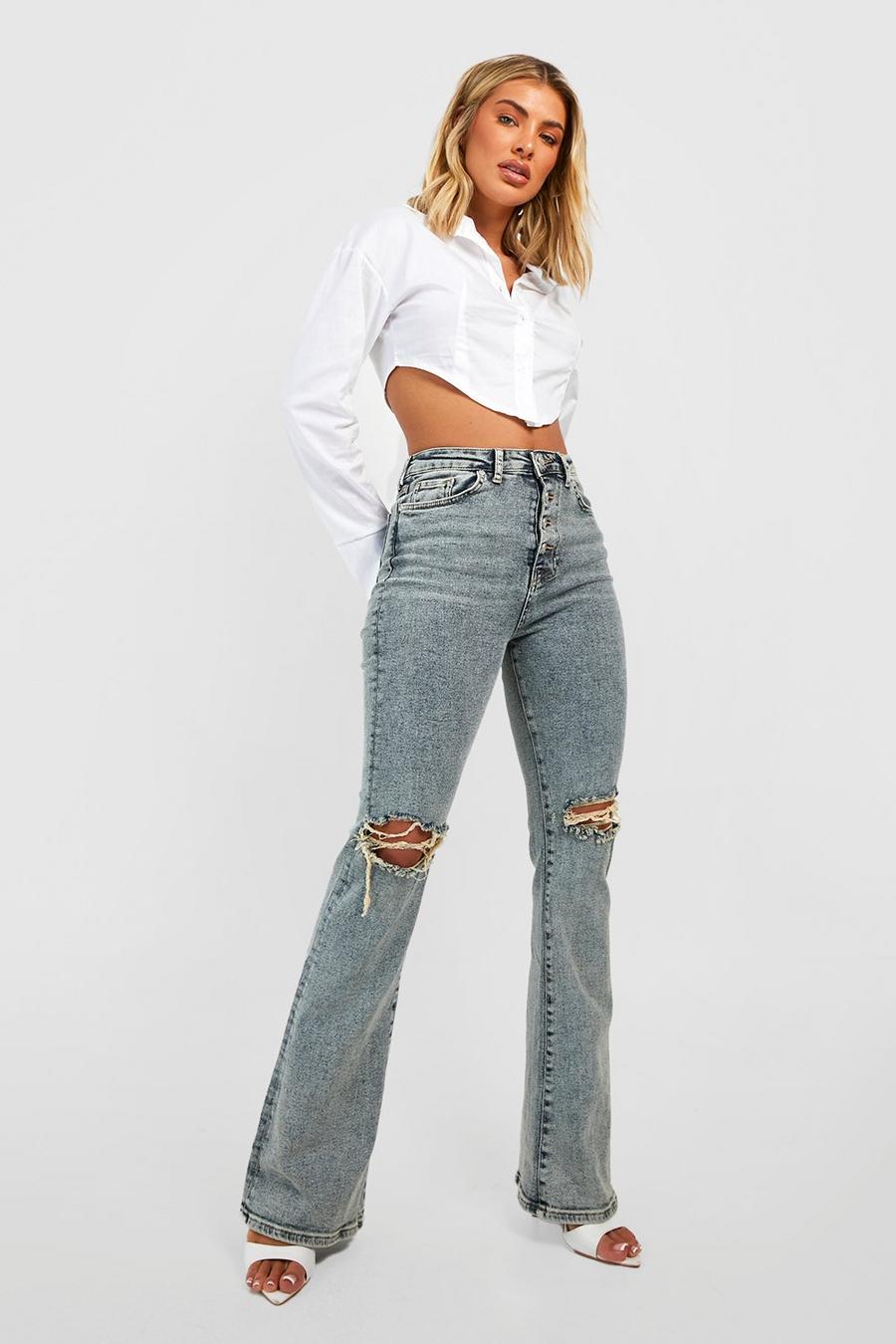 Ice blue High Waisted Stonewash Flared Ripped Jeans