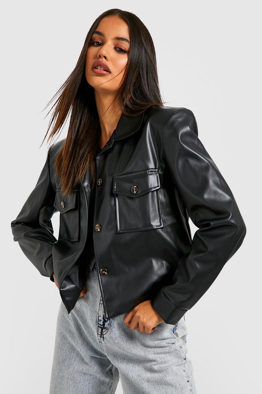 Black schwarz Faux Leather Boxy Cropped Jacket