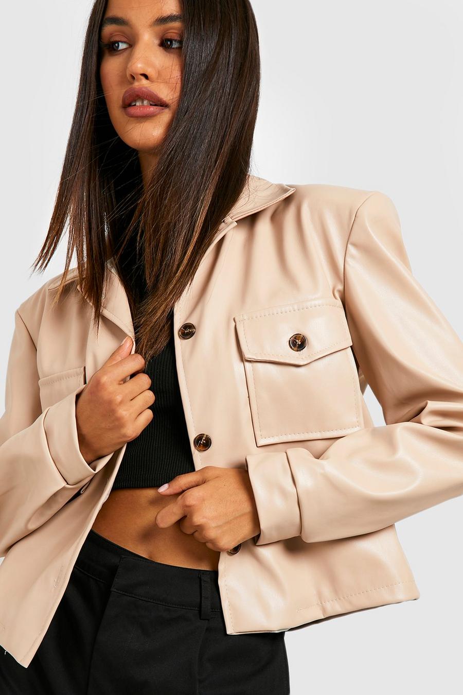 Taupe Faux Leather Boxy Cropped Jacket image number 1