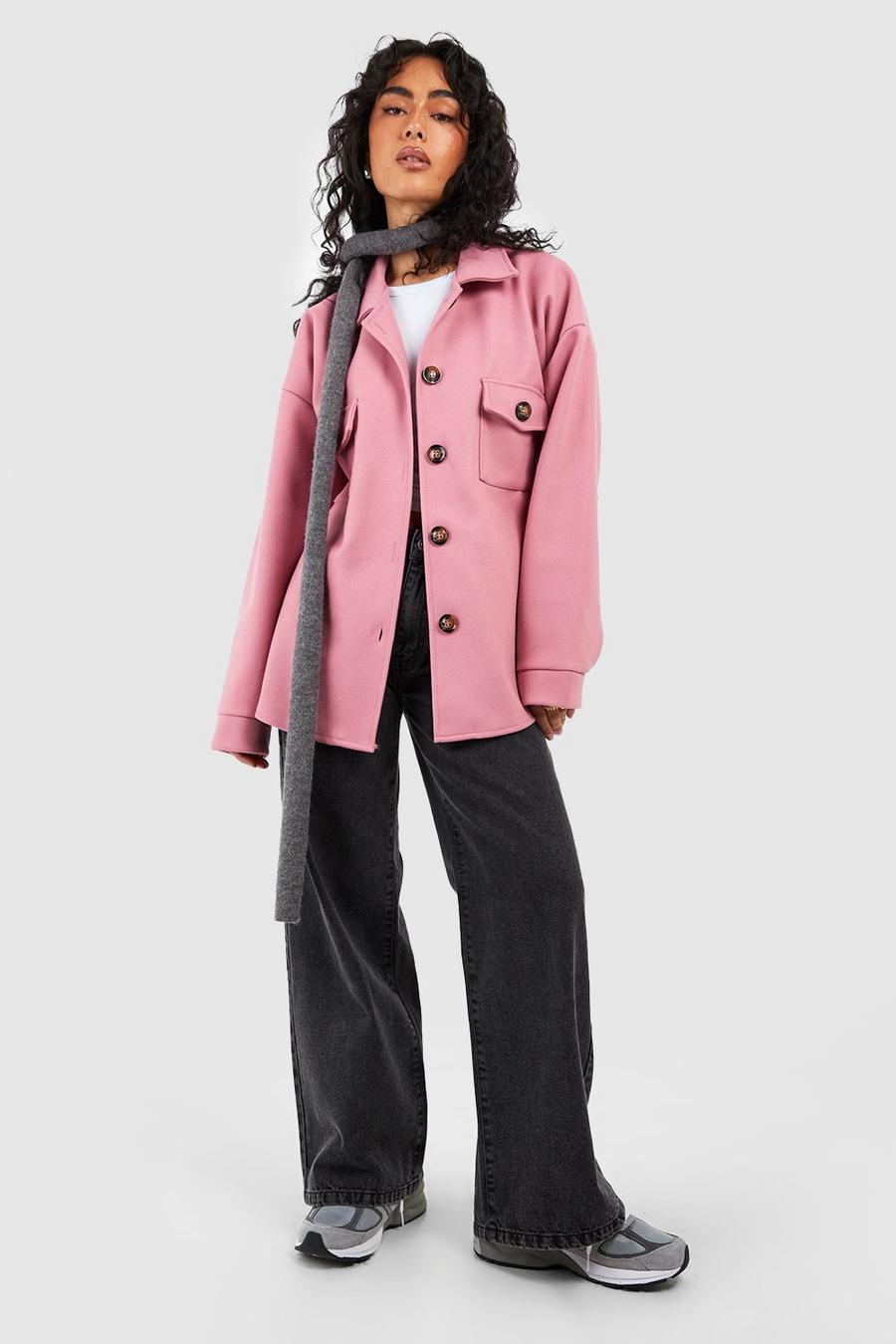 Camisa chaqueta larga efecto lana, Dusky pink image number 1
