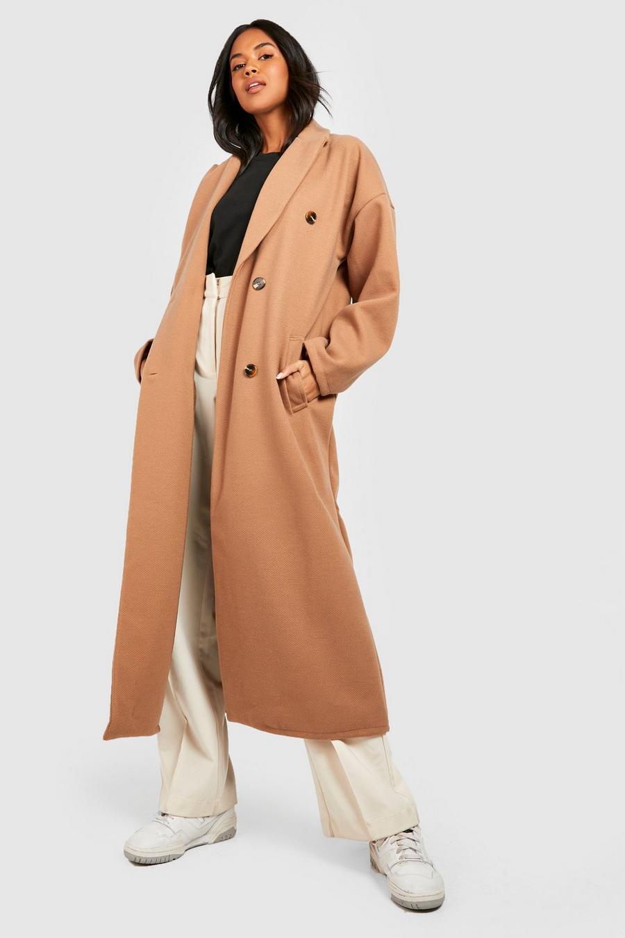 Camel Oversized Double Breasted Textured Wool Coat image number 1