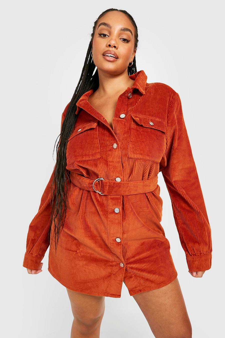 Vestito camicia Plus Size in velluto a coste con tasche e cintura, Rust arancio