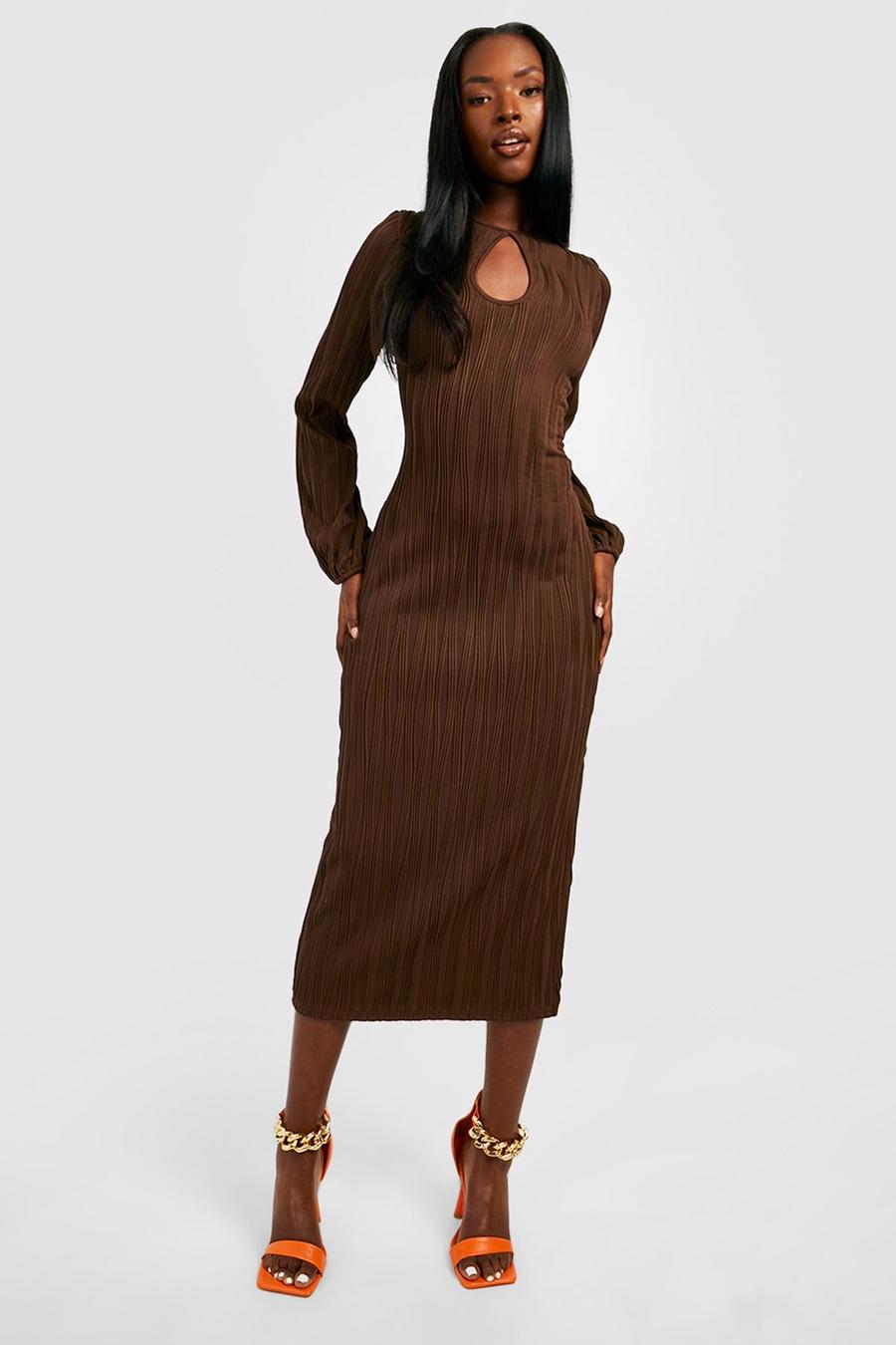 Chocolate brown Crinkle Rib Keyhole Midi Dress