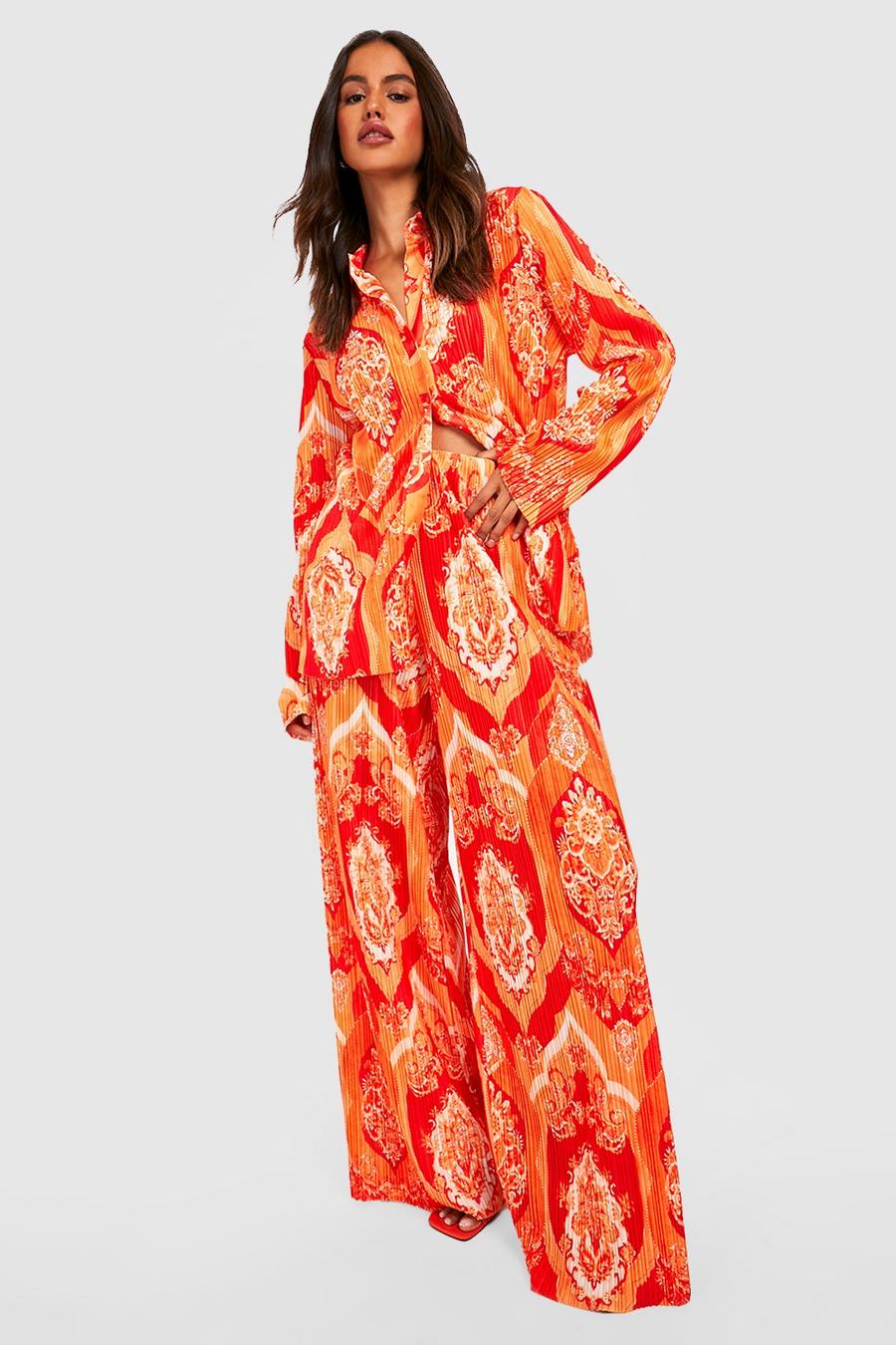 Pantalon large plissé à imprimé cachemire, Orange image number 1