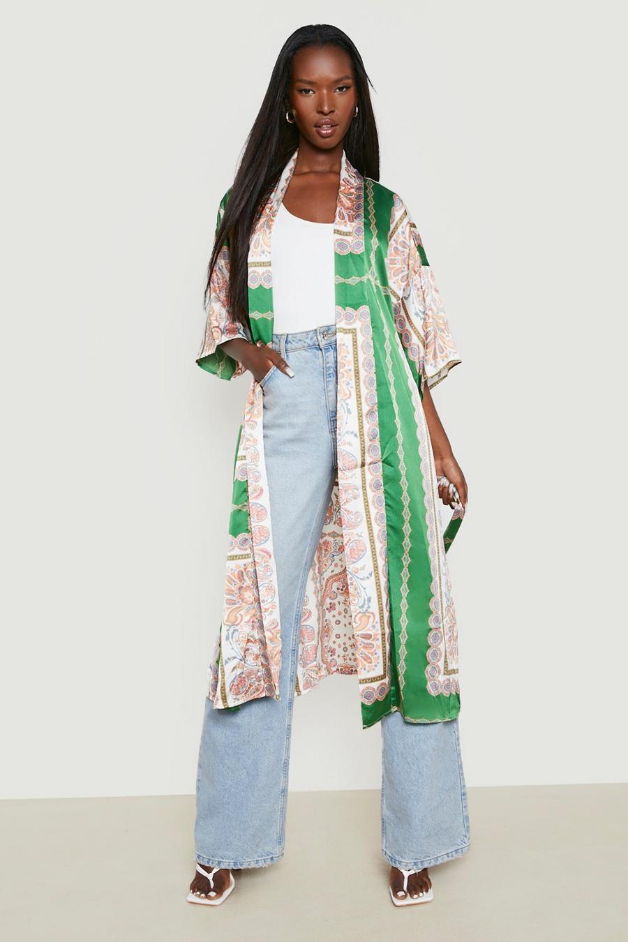 Green Scarf Print Belted Kimono image number 1