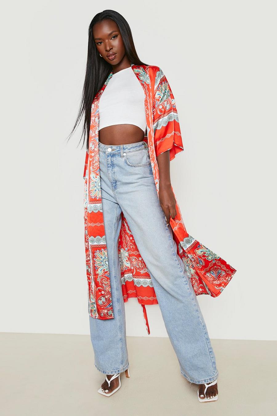 Red Scarf Print Belted Kimono image number 1