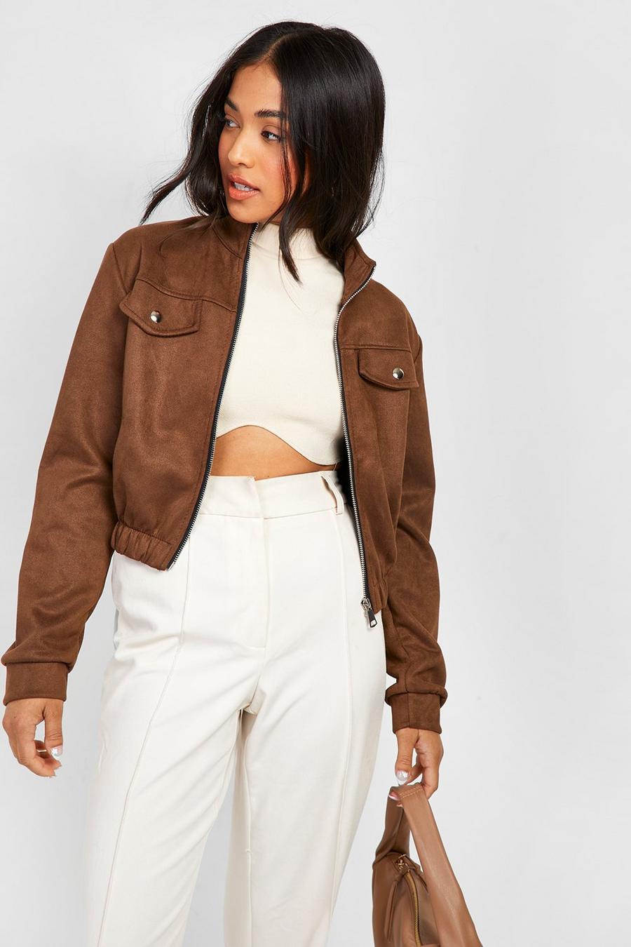 Chocolate brown Faux Suede Bomber Jacket