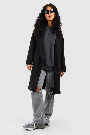 Black Belted Detail Wool Look Coat