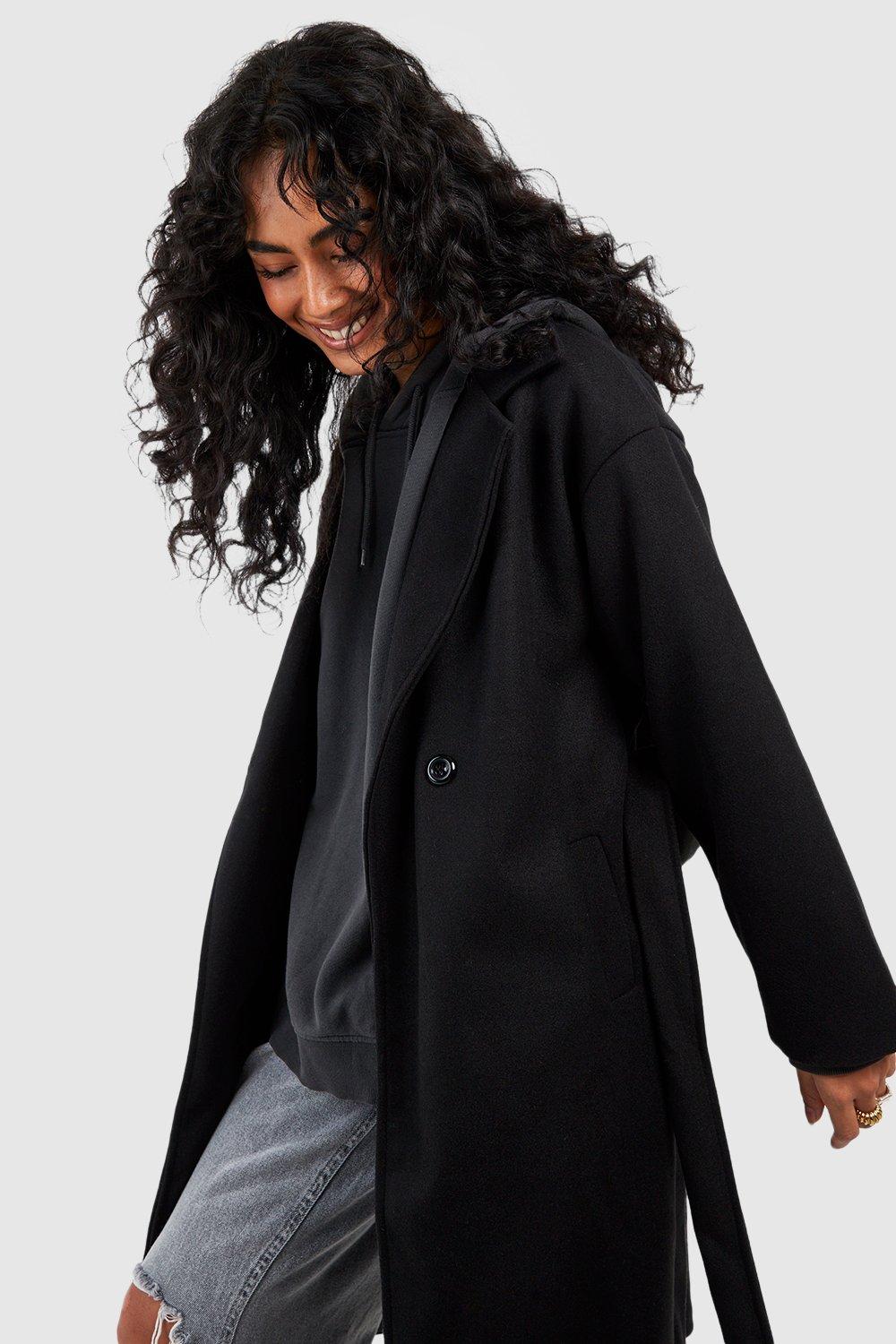 boohoo Short Belted Wool Look Coat - Black - Size 8