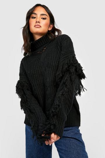 Black Chunky Knitted Oversized Sweater With Fringing