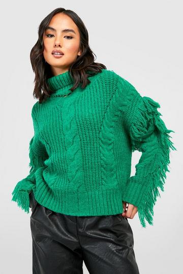 Chunky Knitted Oversized Jumper With Fringing green