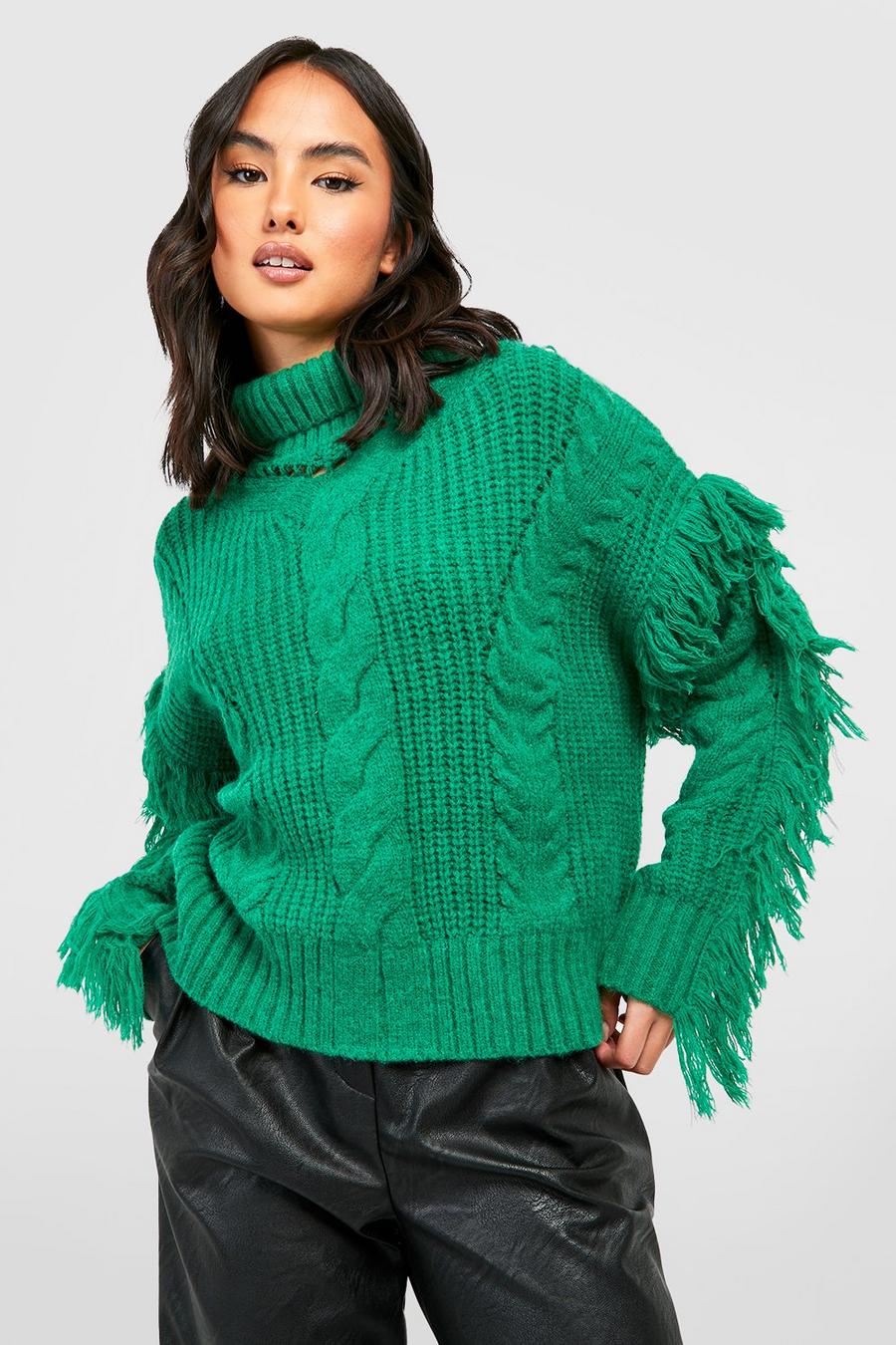 Green Chunky Knitted Oversized Jumper With Fringing image number 1