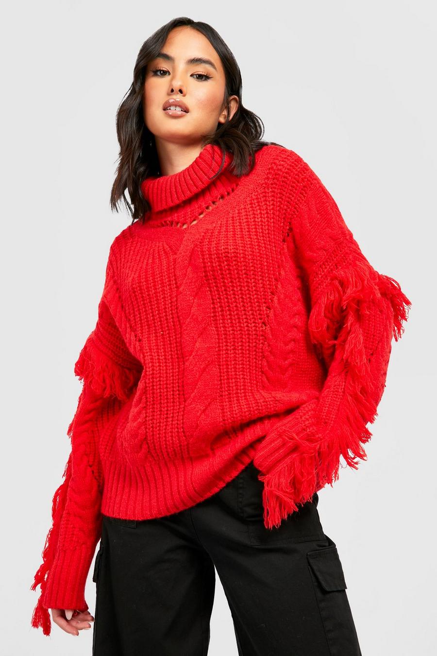 Red Chunky Knitted Oversized Jumper With Fringing image number 1